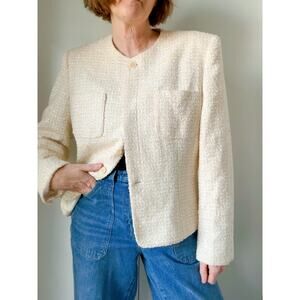 Vintage 90s Womens Tweed Cream Blazer Size 16 Classic Old Money Wool